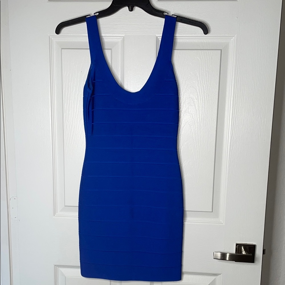 NWT Herve Leger bright blue u neck mini bandage dress